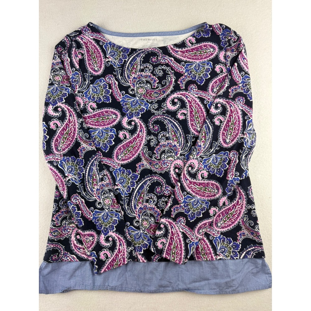 Talbots Women L Navy Pink Paisley Cotton Long Sleeve Layered Hem Boat Neck Top